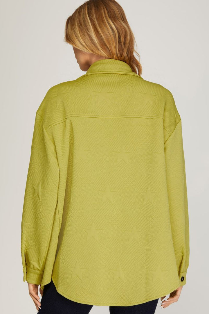 LIME STAR PATTERNED HEAVY KNIT SHIRT JACKET SKSY4699
