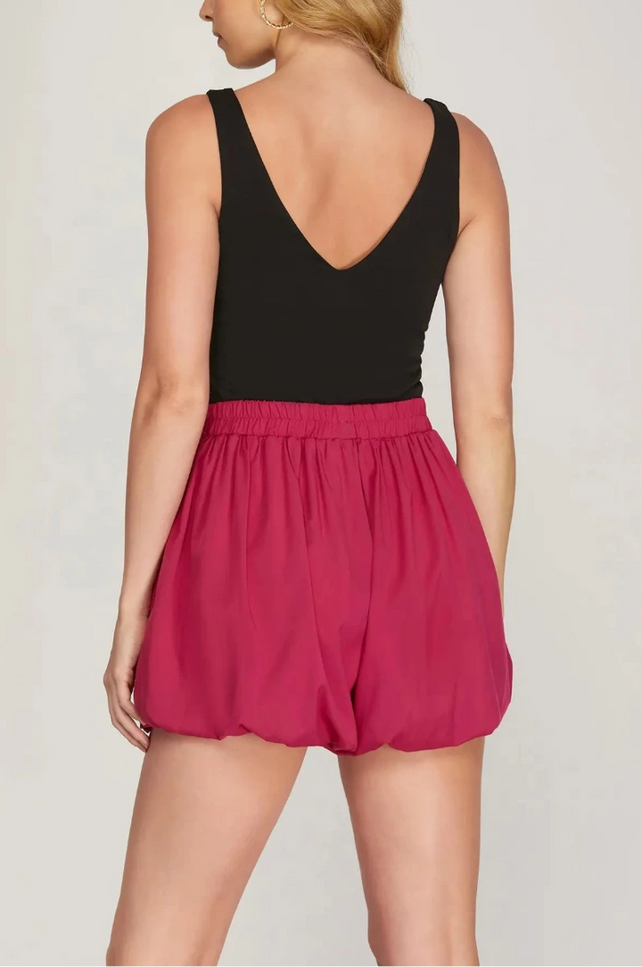 TAUPE ELASTIC WAIST BUBBLE HEM SHORTS