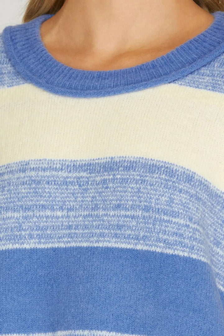 STRIPED CABLE KNIT LONG SLEEVE SWEATER TOP SKSY4361