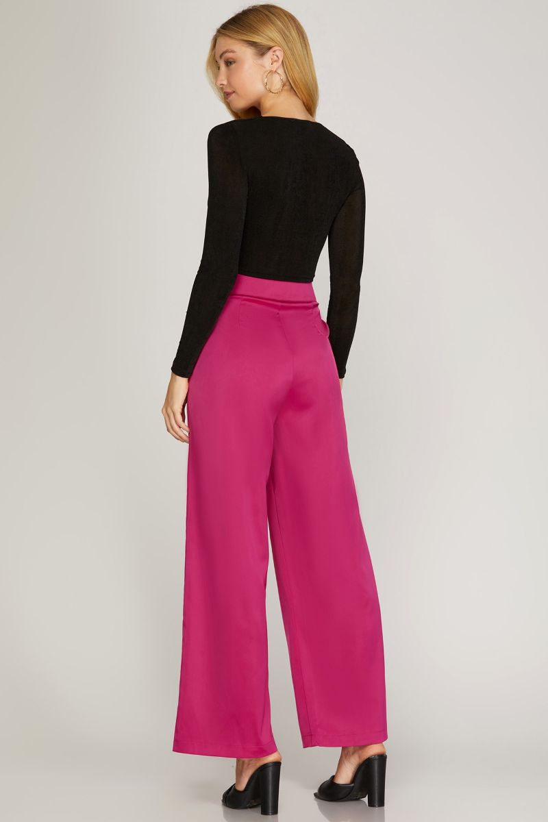 MAGENTA PINK PLEATED LONG SATIN PANTS