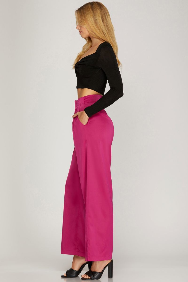 MAGENTA PINK PLEATED LONG SATIN PANTS