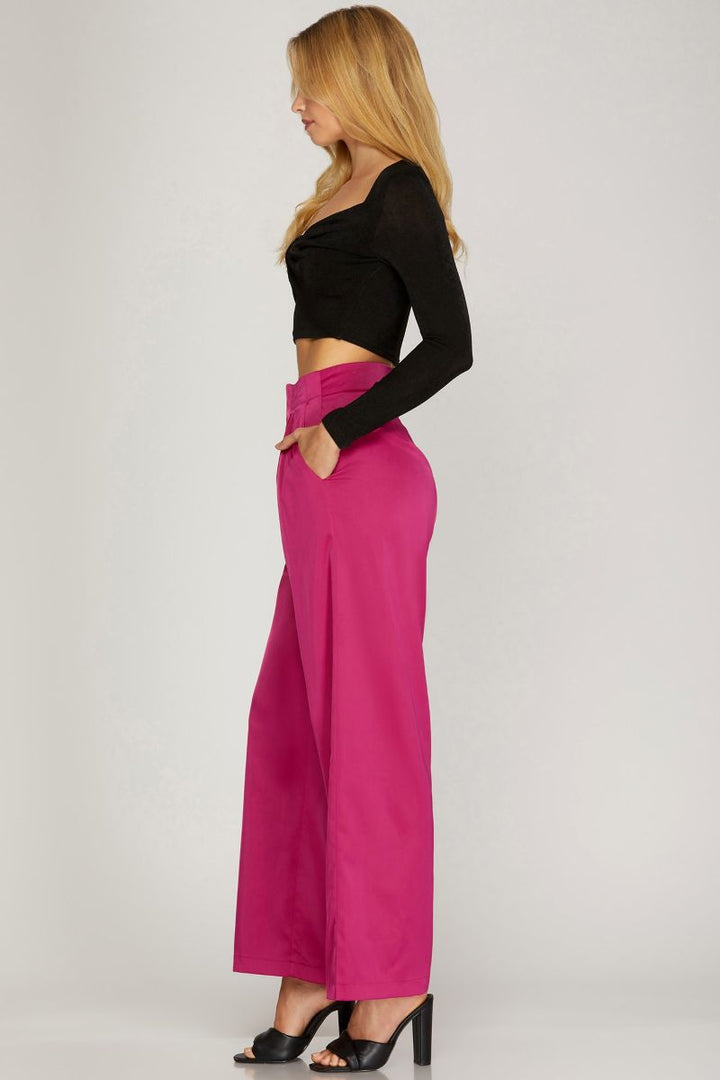 MAGENTA PINK PLEATED LONG SATIN PANTS