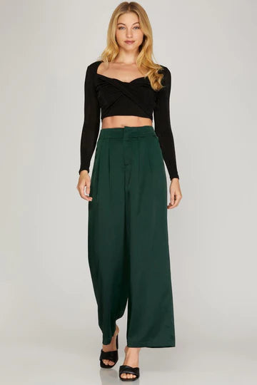 PLEATED LONG SATIN PANTS