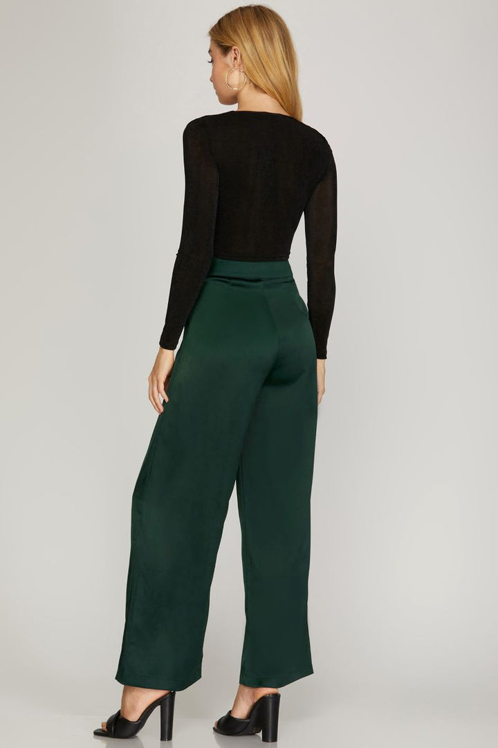 SEA GREEN PLEATED LONG SATIN PANTS
