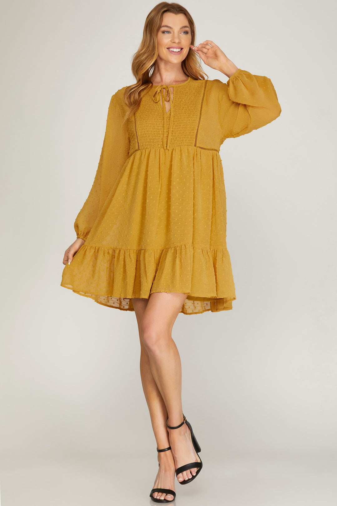 LONG SLEEVE SWISS DOT DRESS WITH SMOCKED DETAIL AND FRONT NECK TIE