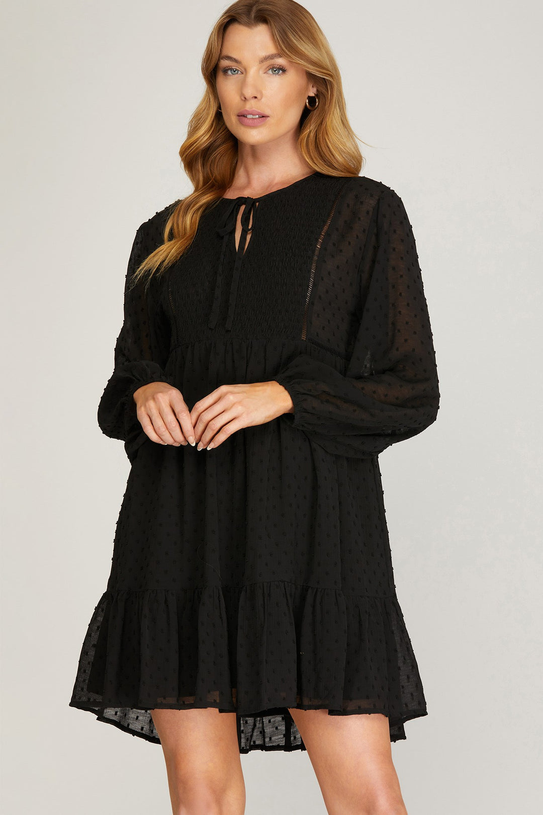 LONG SLEEVE SWISS DOT DRESS WITH SMOCKED DETAIL AND FRONT NECK TIE