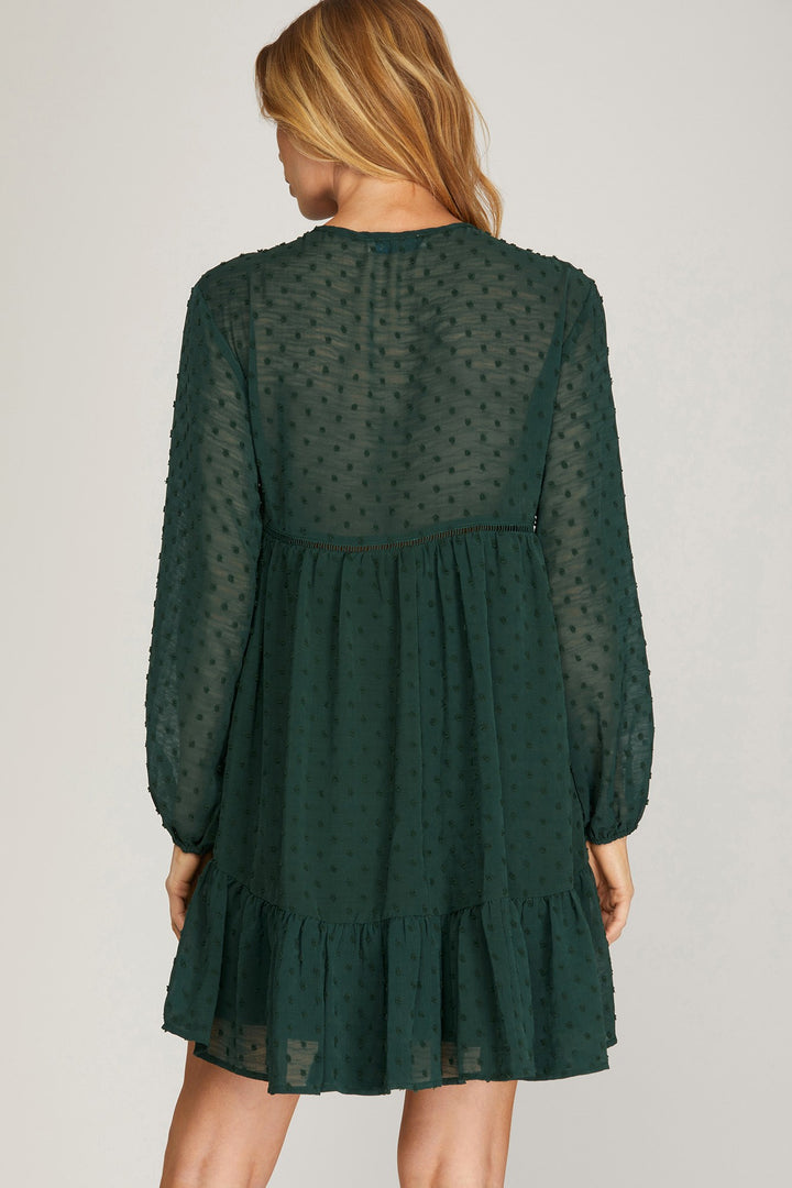 LONG SLEEVE SWISS DOT DRESS WITH SMOCKED DETAIL AND FRONT NECK TIE