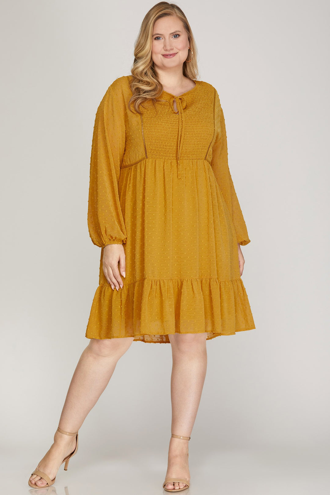 PLUS - LONG SLEEVE SWISS DOT DRESS WITH SMOCKED DETAIL AND FRONT NECK TIE