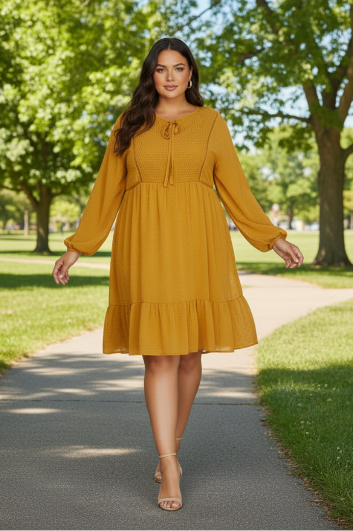 PLUS - LONG SLEEVE SWISS DOT DRESS WITH SMOCKED DETAIL AND FRONT NECK TIE