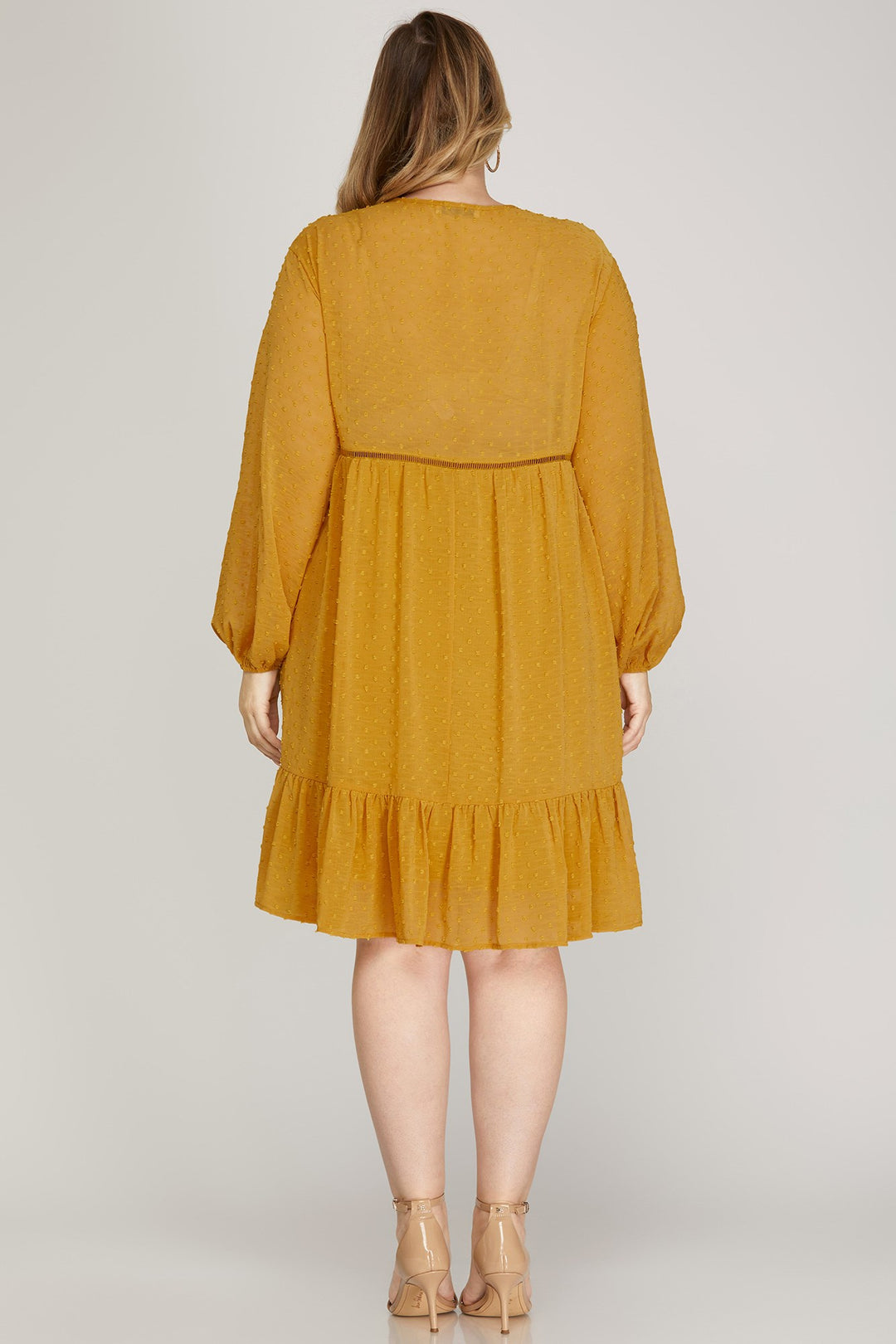 PLUS - LONG SLEEVE SWISS DOT DRESS WITH SMOCKED DETAIL AND FRONT NECK TIE