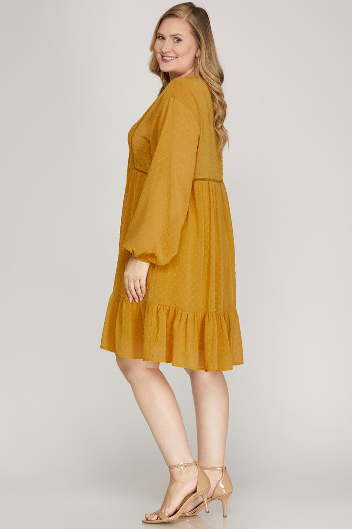 PLUS - LONG SLEEVE SWISS DOT DRESS WITH SMOCKED DETAIL AND FRONT NECK TIE