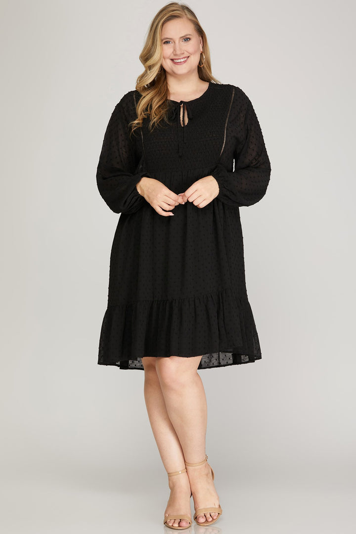 PLUS - LONG SLEEVE SWISS DOT DRESS WITH SMOCKED DETAIL AND FRONT NECK TIE