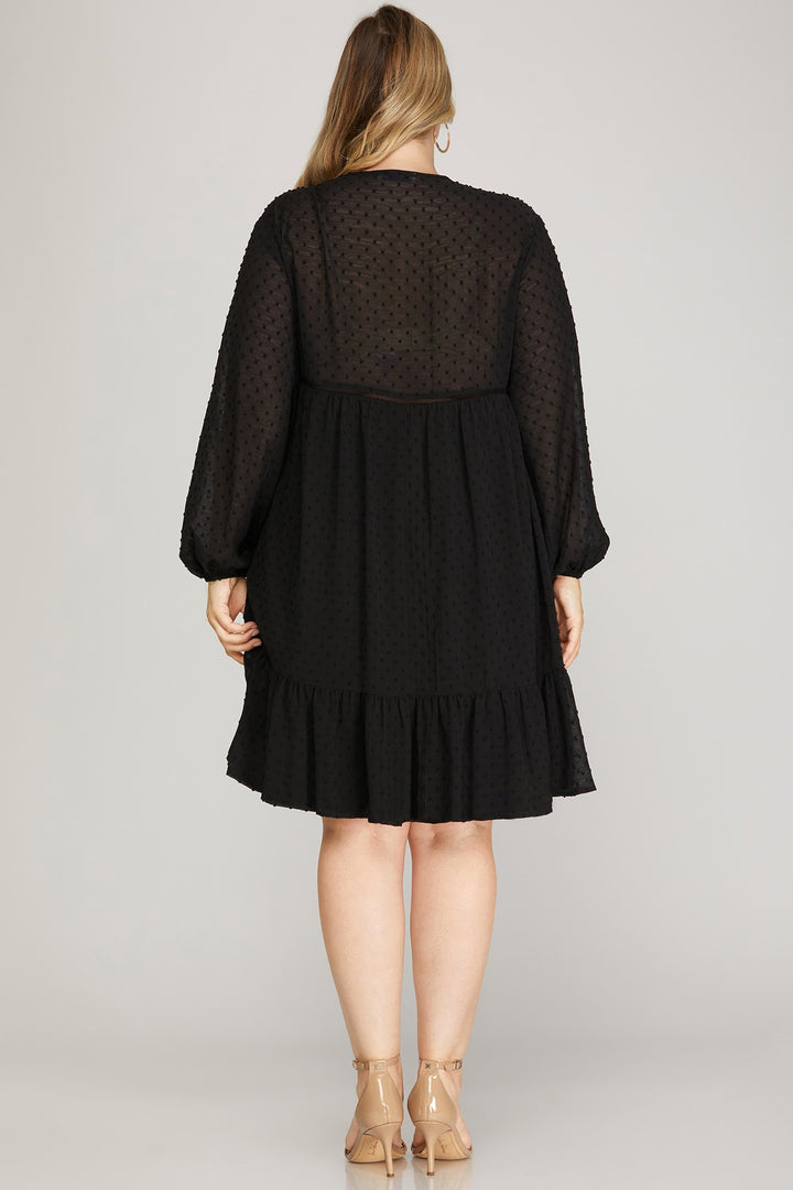 PLUS - LONG SLEEVE SWISS DOT DRESS WITH SMOCKED DETAIL AND FRONT NECK TIE