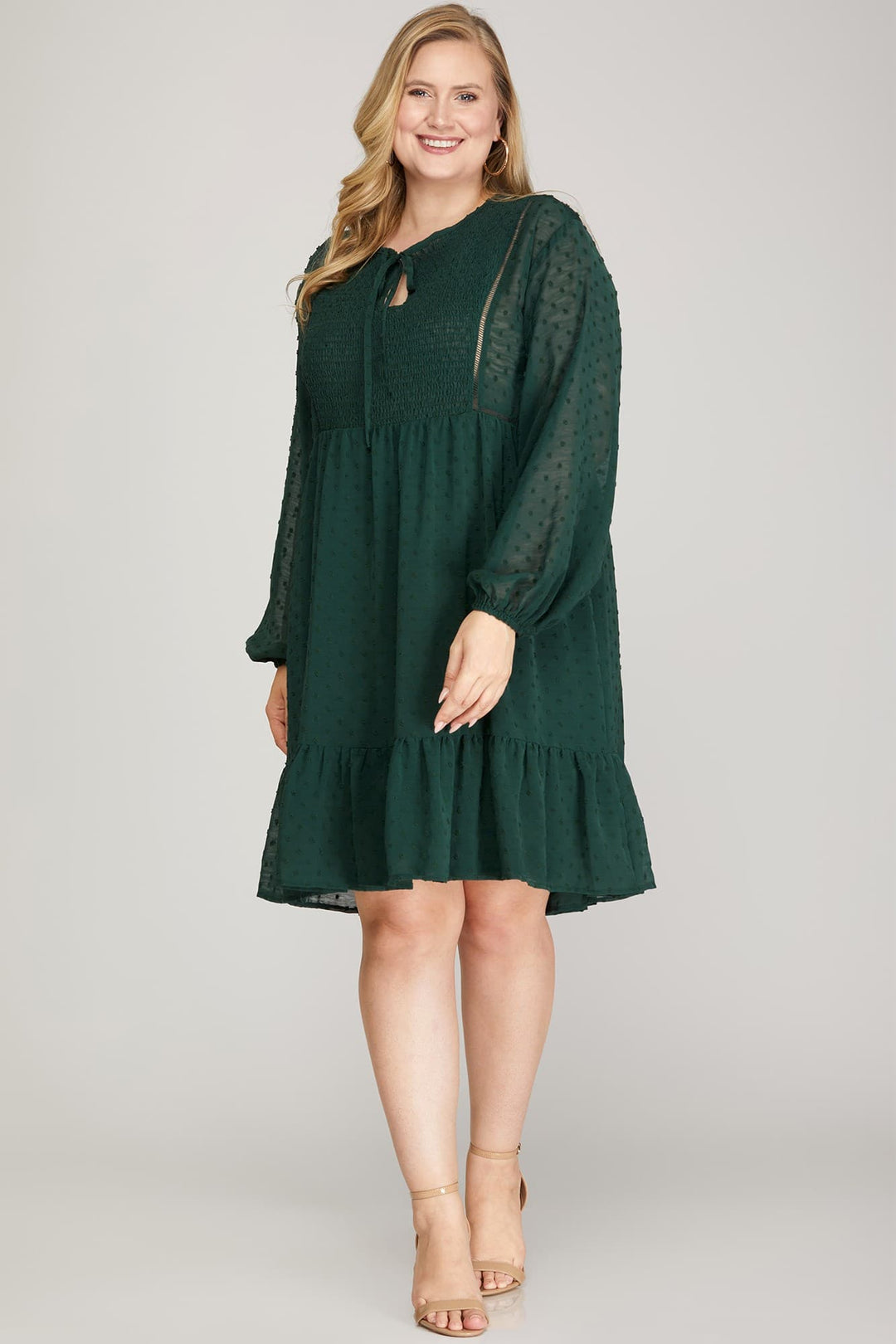 PLUS - LONG SLEEVE SWISS DOT DRESS WITH SMOCKED DETAIL AND FRONT NECK TIE