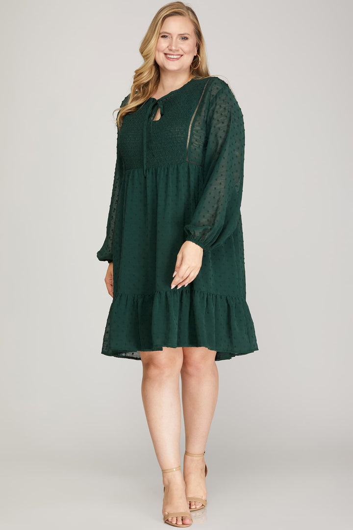 PLUS - LONG SLEEVE SWISS DOT DRESS WITH SMOCKED DETAIL AND FRONT NECK TIE