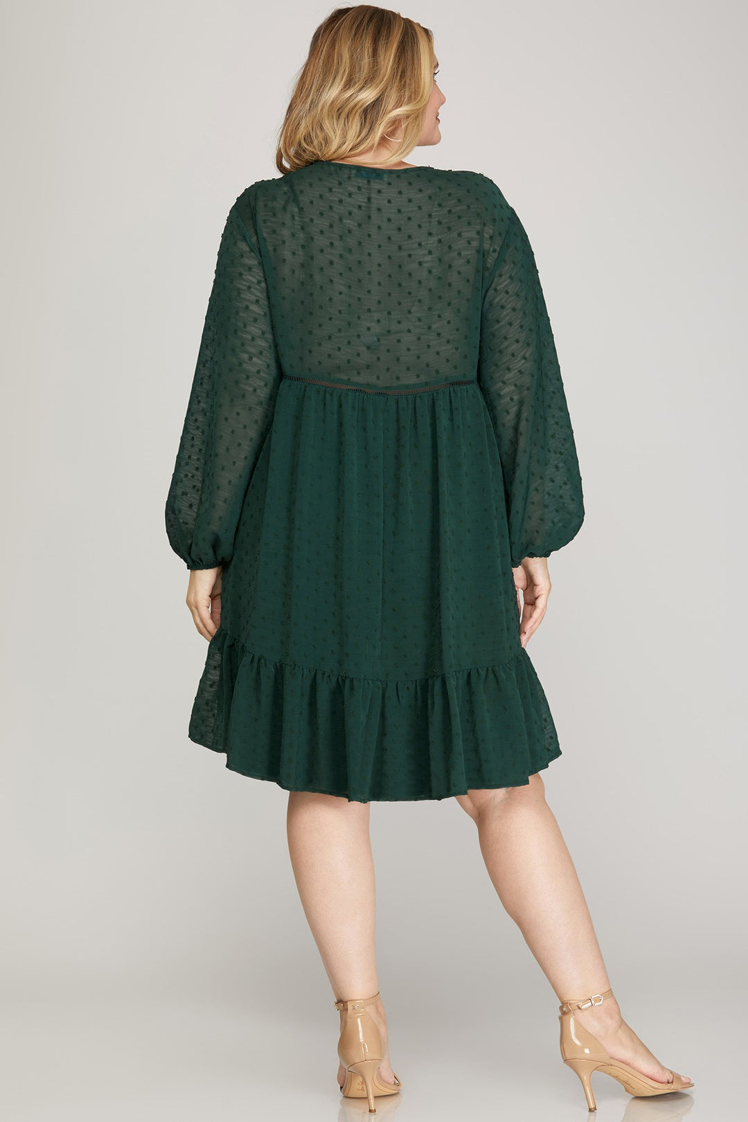 PLUS - LONG SLEEVE SWISS DOT DRESS WITH SMOCKED DETAIL AND FRONT NECK TIE