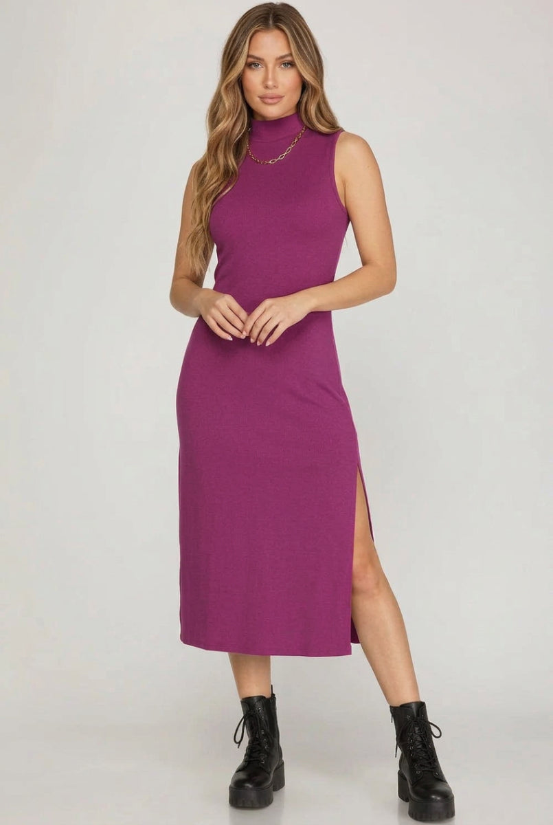 SLEEVELESS MOCK NECK KNIT MIDI DRESS WITH SIDE SLIT-SKSY5140