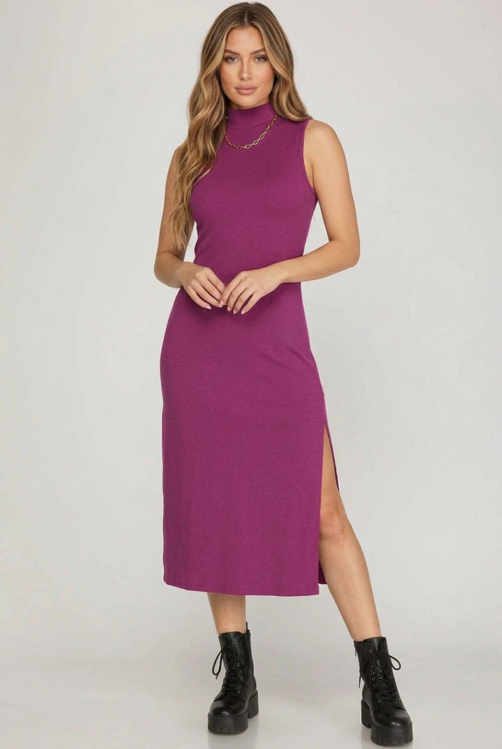 SLEEVELESS MOCK NECK KNIT MIDI DRESS WITH SIDE SLIT-SKSY5140