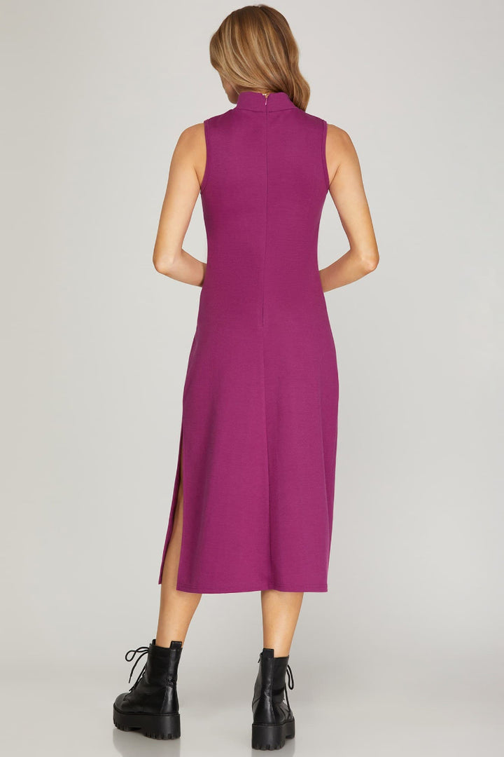 SLEEVELESS MOCK NECK KNIT MIDI DRESS WITH SIDE SLIT-SKSY5140