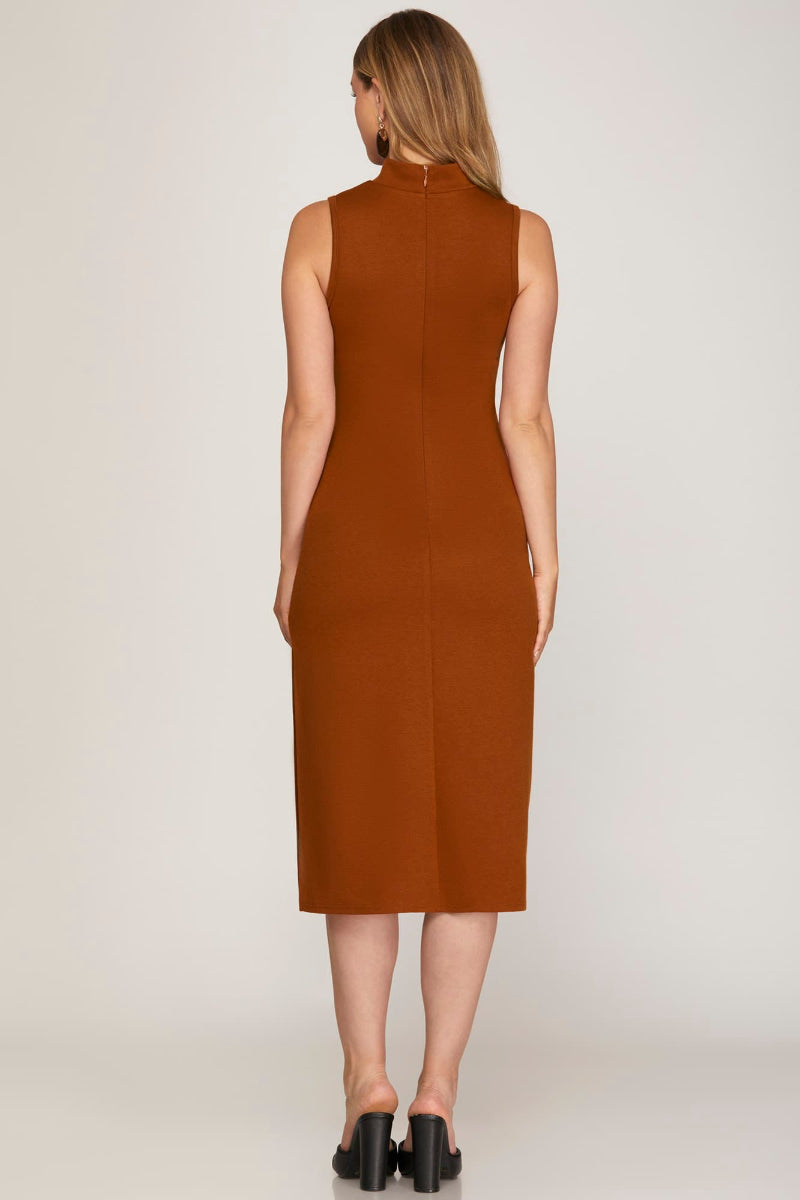 SLEEVELESS MOCK NECK KNIT MIDI DRESS WITH SIDE SLIT-SKSY5140