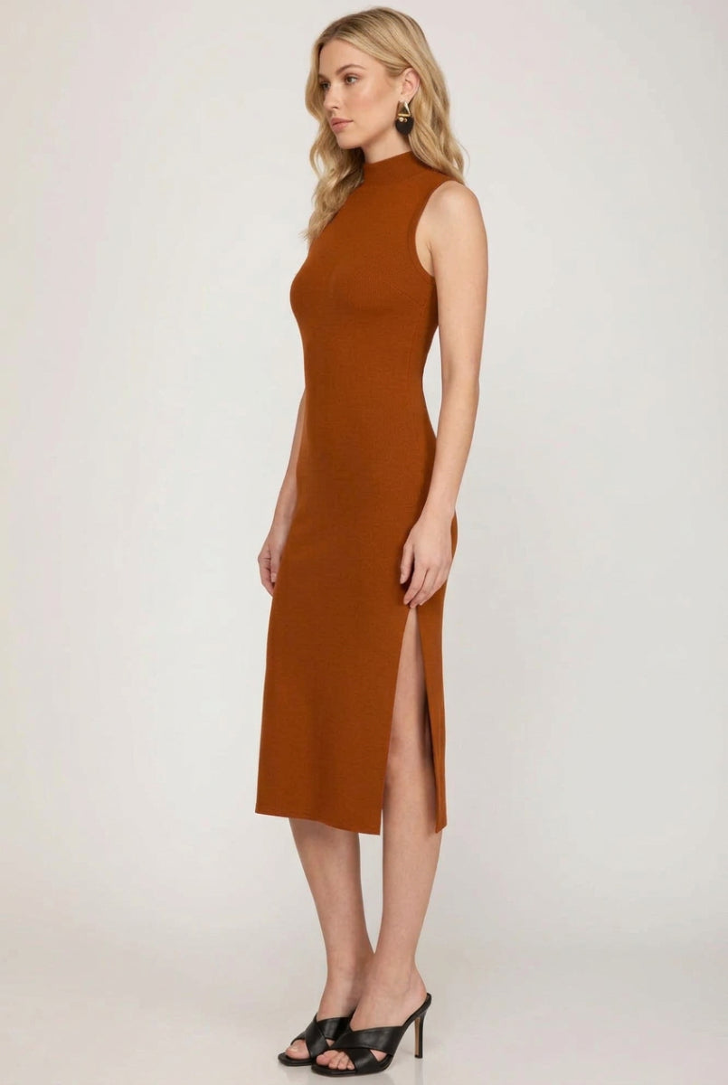 SLEEVELESS MOCK NECK KNIT MIDI DRESS WITH SIDE SLIT-SKSY5140