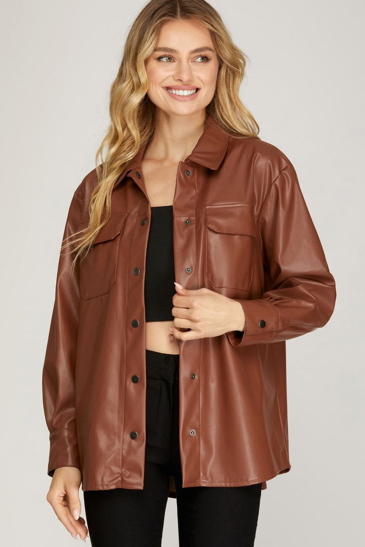 ESPRESSO FAUX LEATHER BUTTON DOWN SHIRT JACKET SKSY4578