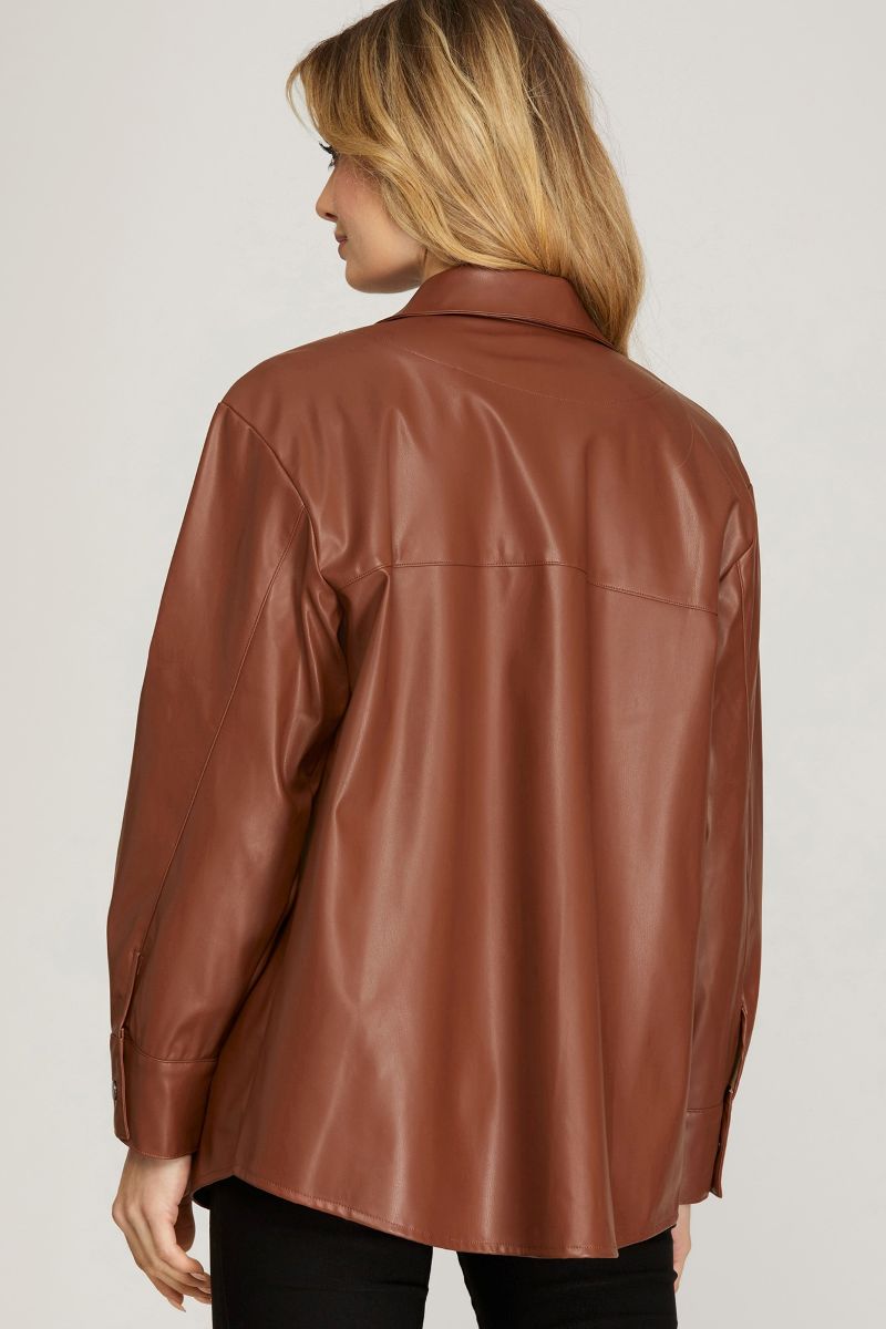 ESPRESSO FAUX LEATHER BUTTON DOWN SHIRT JACKET SKSY4578