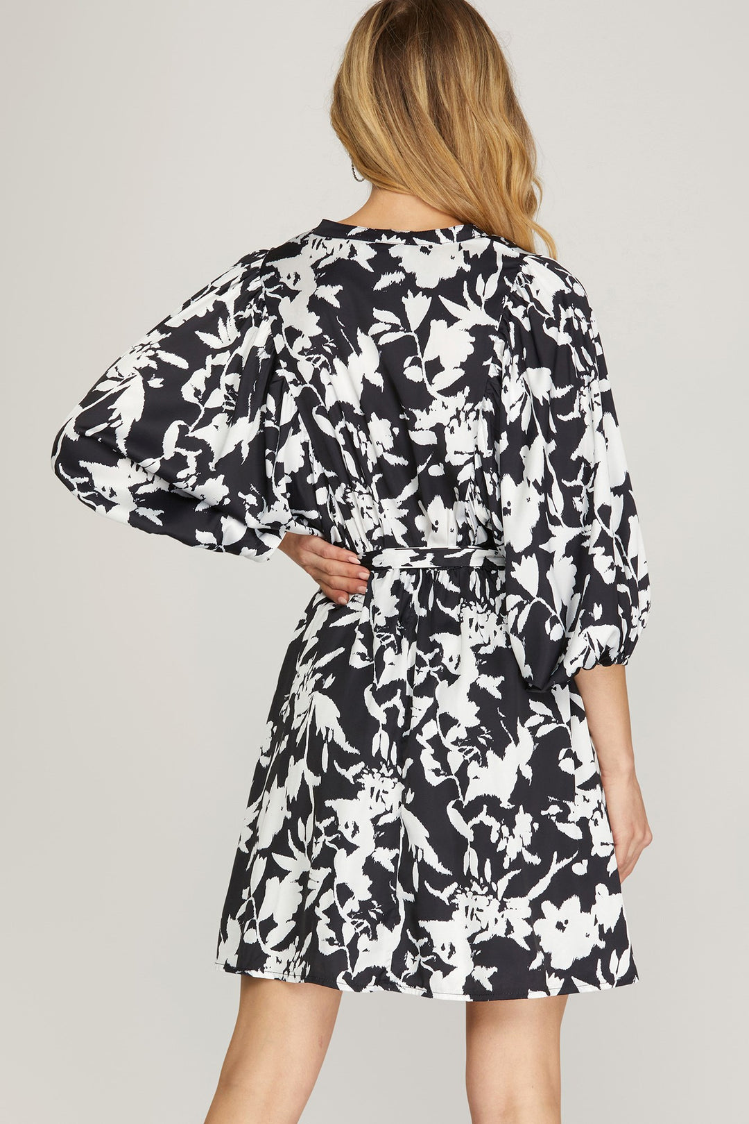 3/4 DOLMAN SLEEVE SATIN FLORAL PRINT DRESS WITH WAIST SASH