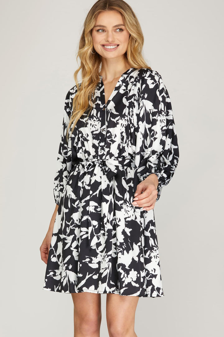 3/4 DOLMAN SLEEVE SATIN FLORAL PRINT DRESS WITH WAIST SASH