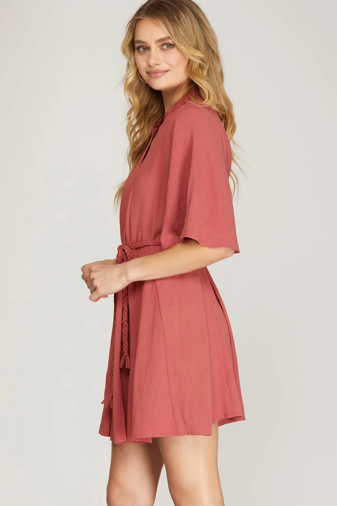 HALF BELL SLEEVE BUTTON DOWN DRESS WITH WAIST TIE SKSY5254