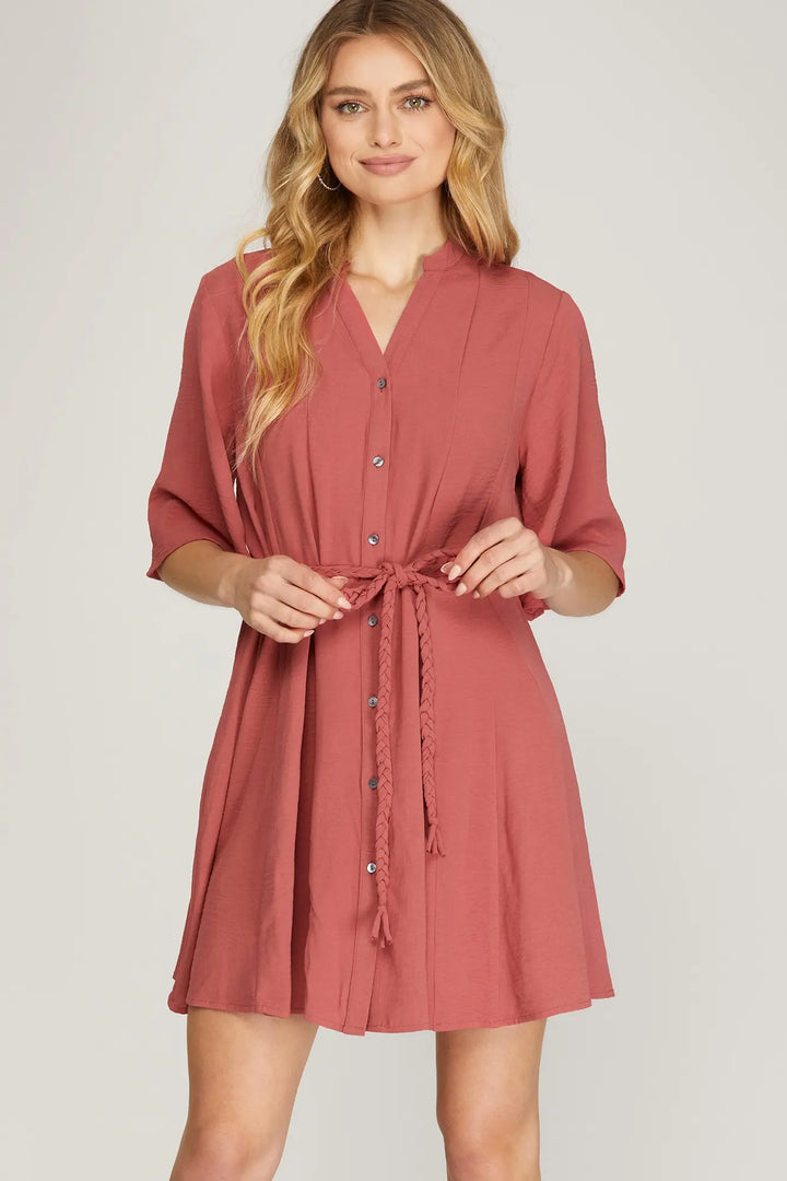 HALF BELL SLEEVE BUTTON DOWN DRESS WITH WAIST TIE SKSY5254