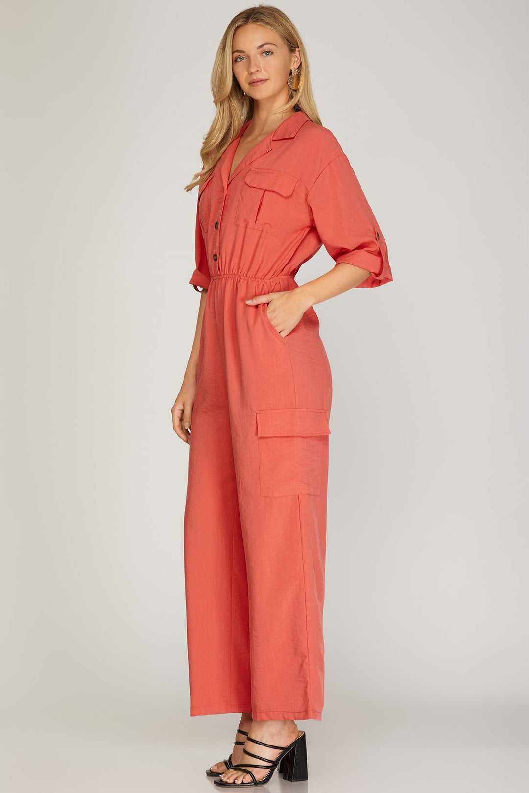3/4 SLEEVES ELASTIC WAIST UTILITY WOVEN JUMPSUIT