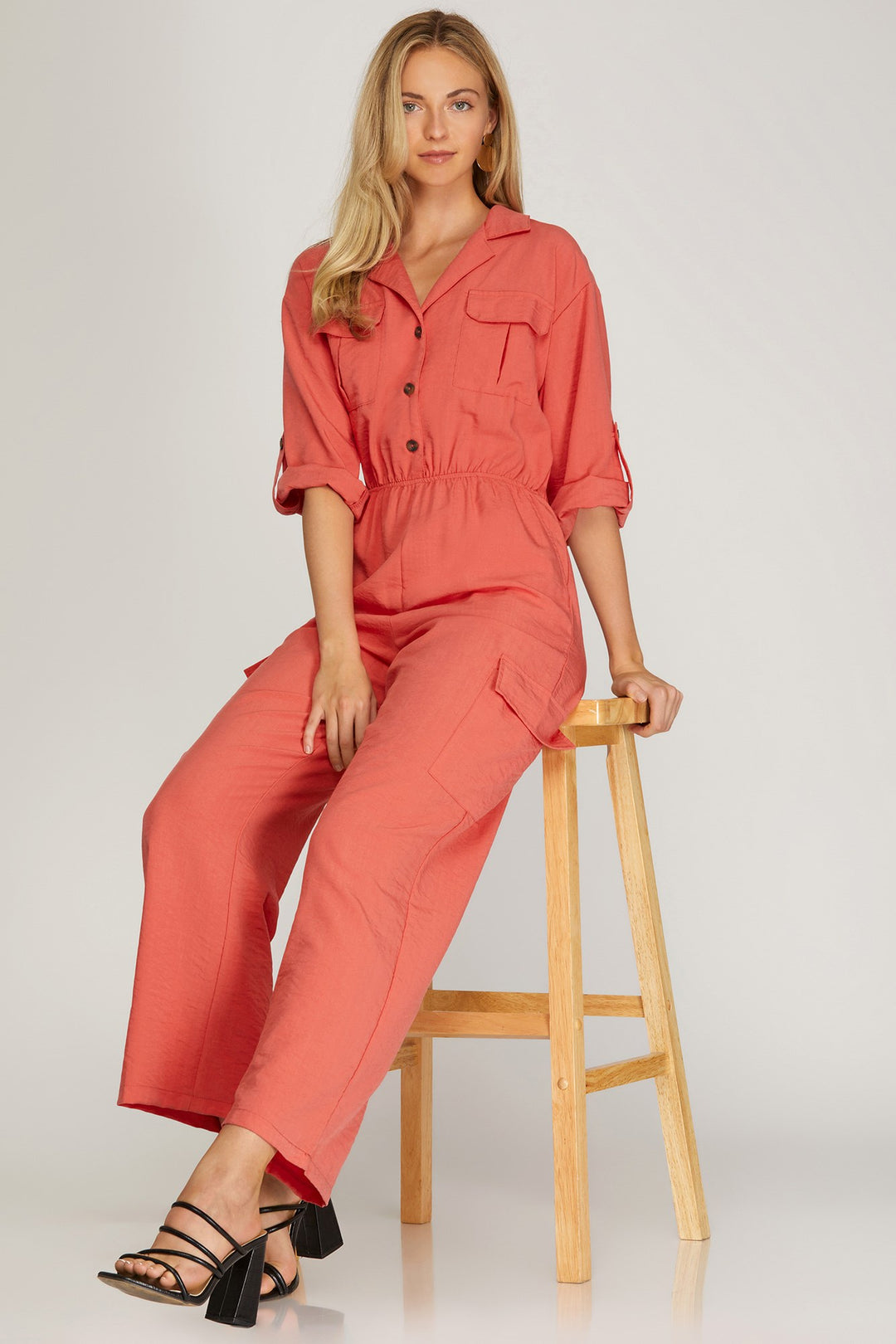 3/4 SLEEVES ELASTIC WAIST UTILITY WOVEN JUMPSUIT