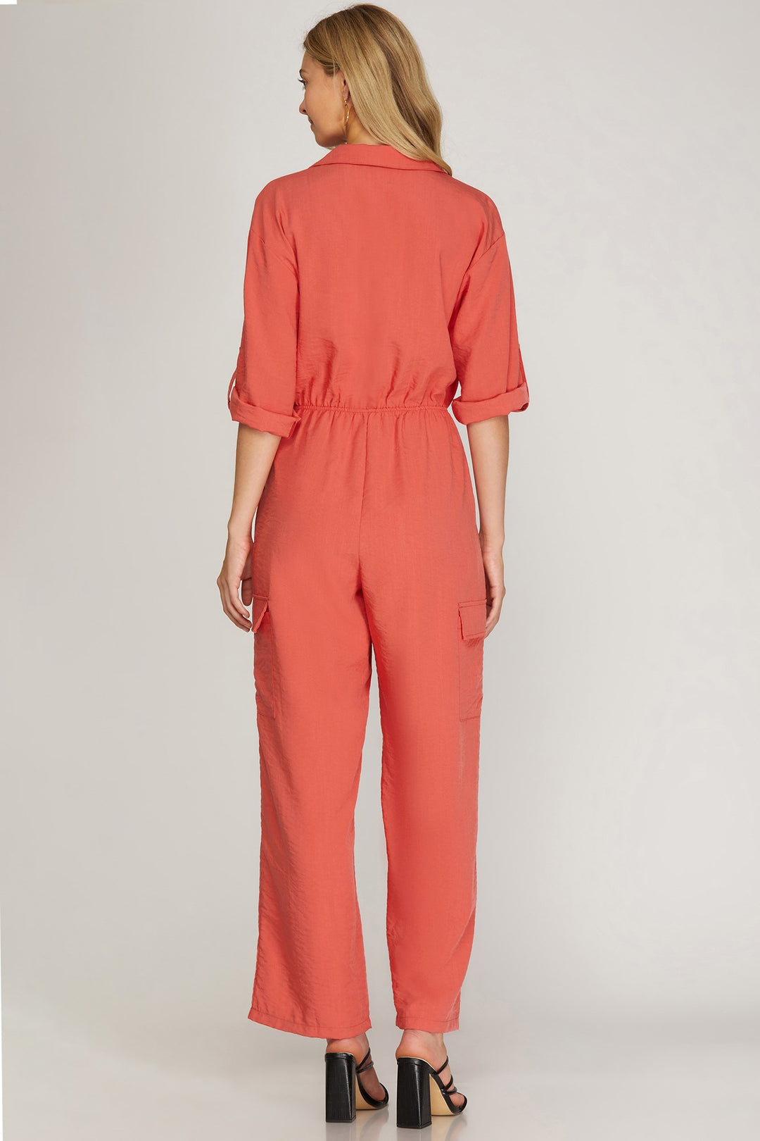3/4 SLEEVES ELASTIC WAIST UTILITY WOVEN JUMPSUIT