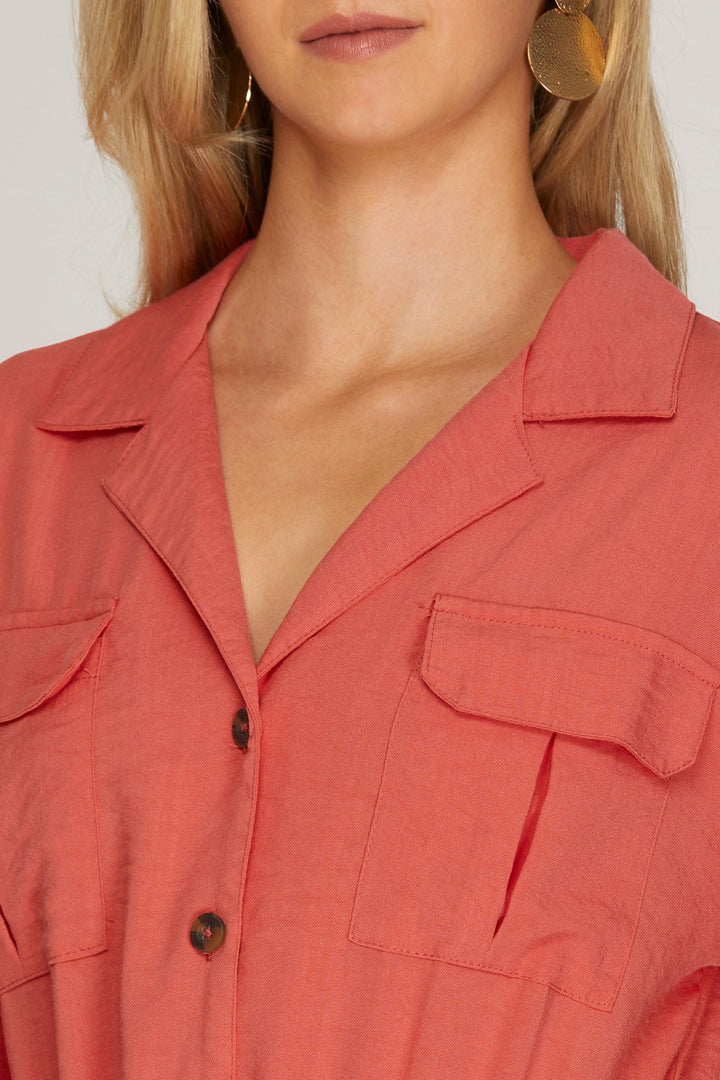 3/4 SLEEVES ELASTIC WAIST UTILITY WOVEN JUMPSUIT