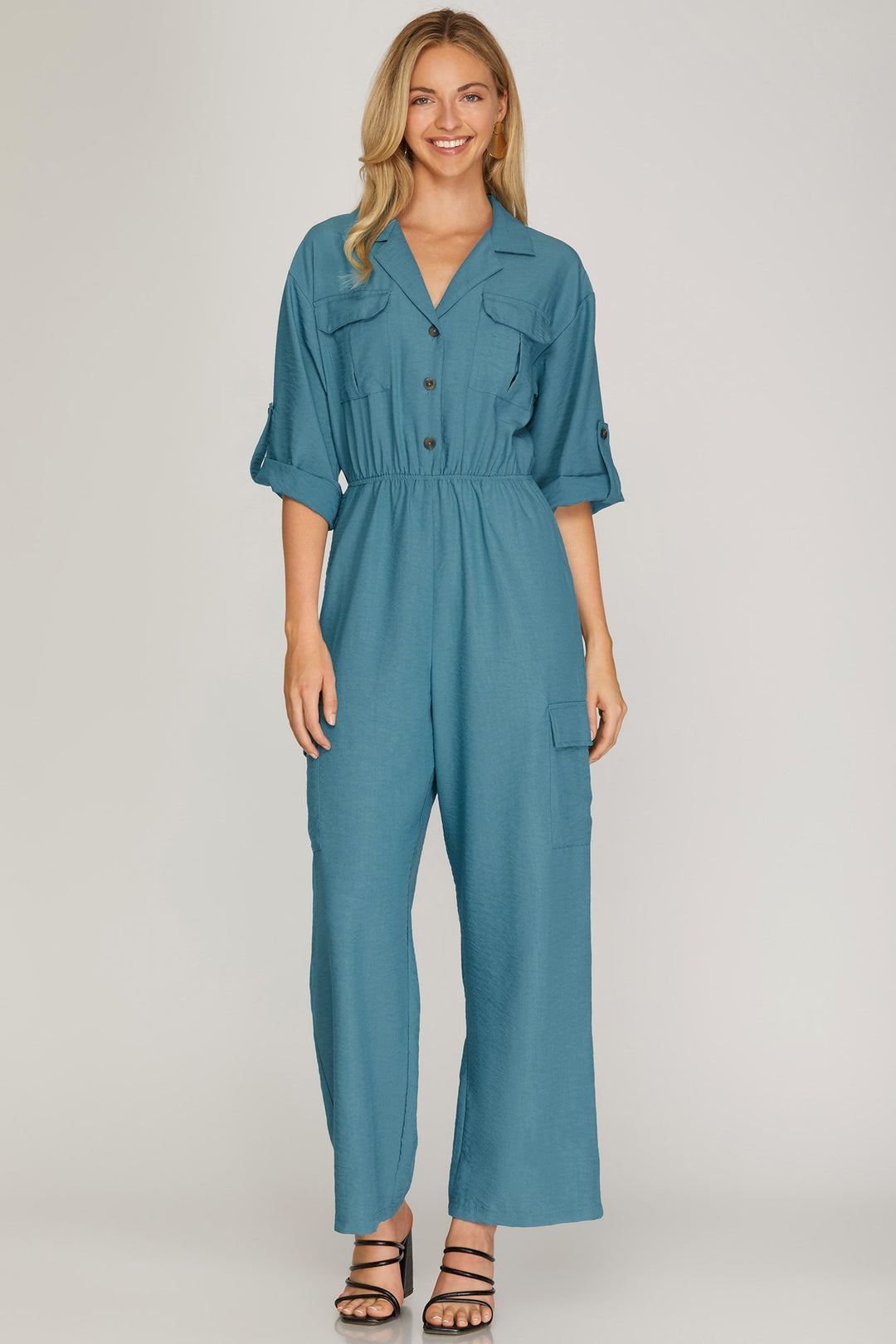 3/4 SLEEVES ELASTIC WAIST UTILITY WOVEN JUMPSUIT
