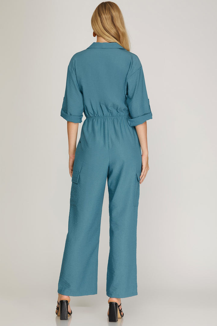 3/4 SLEEVES ELASTIC WAIST UTILITY WOVEN JUMPSUIT