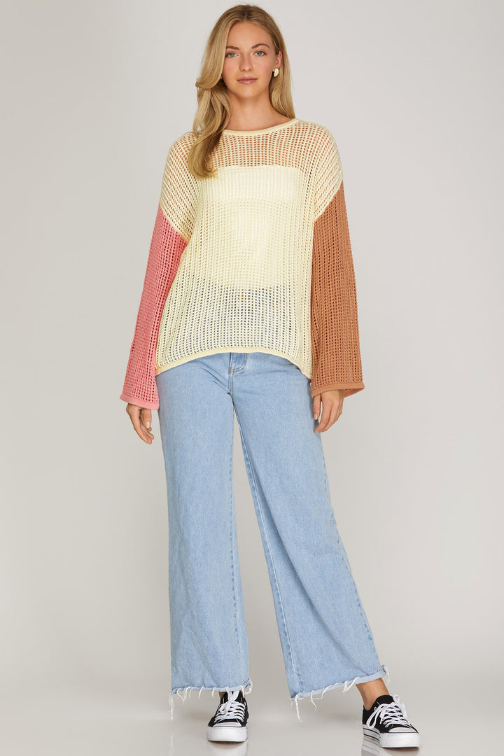 LONG SLEEVE COLOR BLOCK FISH-NET SWEATER TOP
