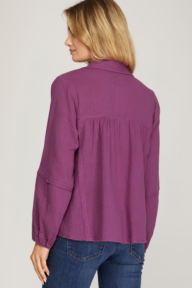PLUM COLLARED LONG SLEEVES WOVEN TOP SKSY5234