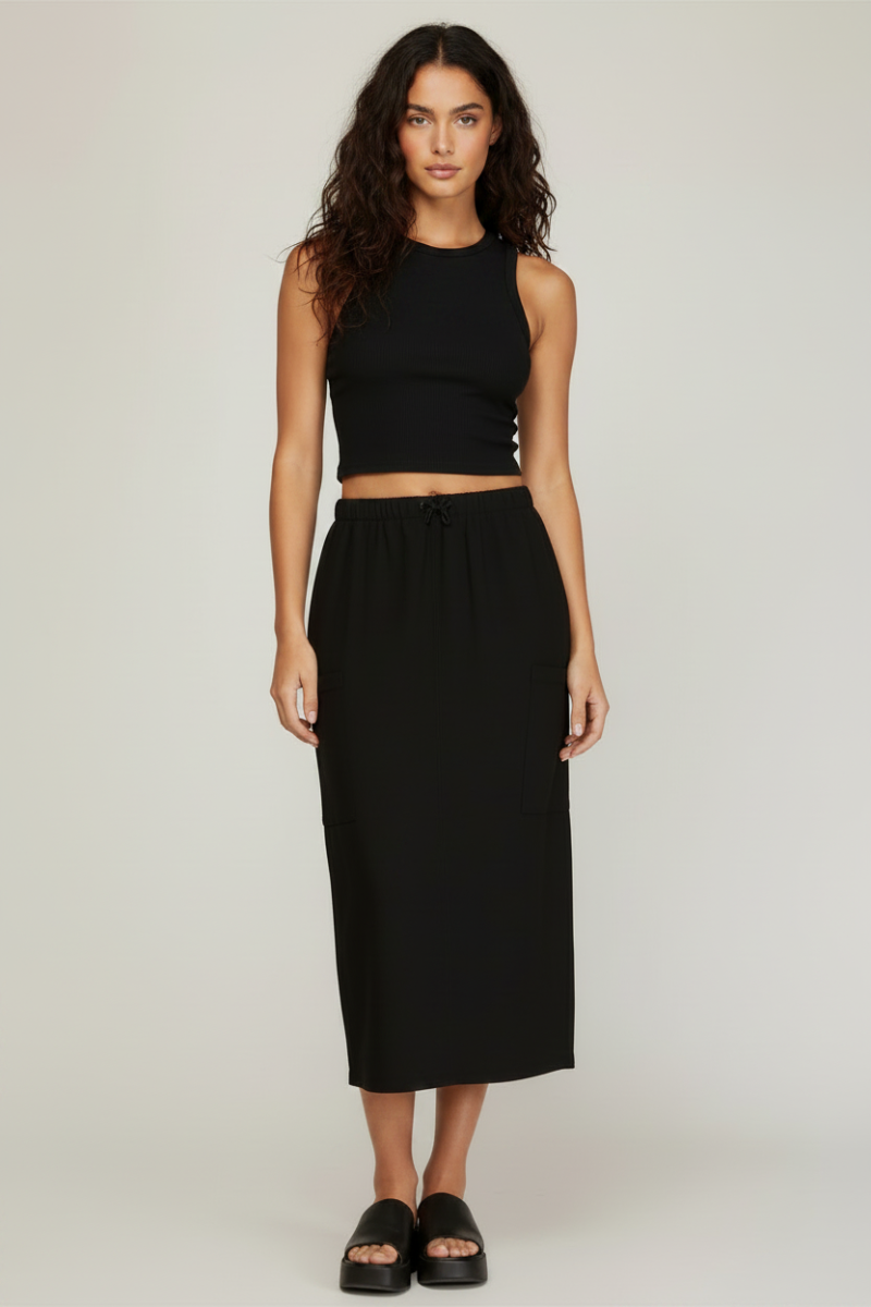 BLACK DRAWSTRING WAIST WOVEN CARGO MIDI SKIRT SKSY5163