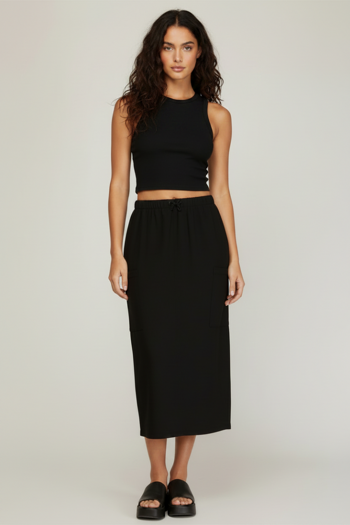 BLACK DRAWSTRING WAIST WOVEN CARGO MIDI SKIRT SKSY5163