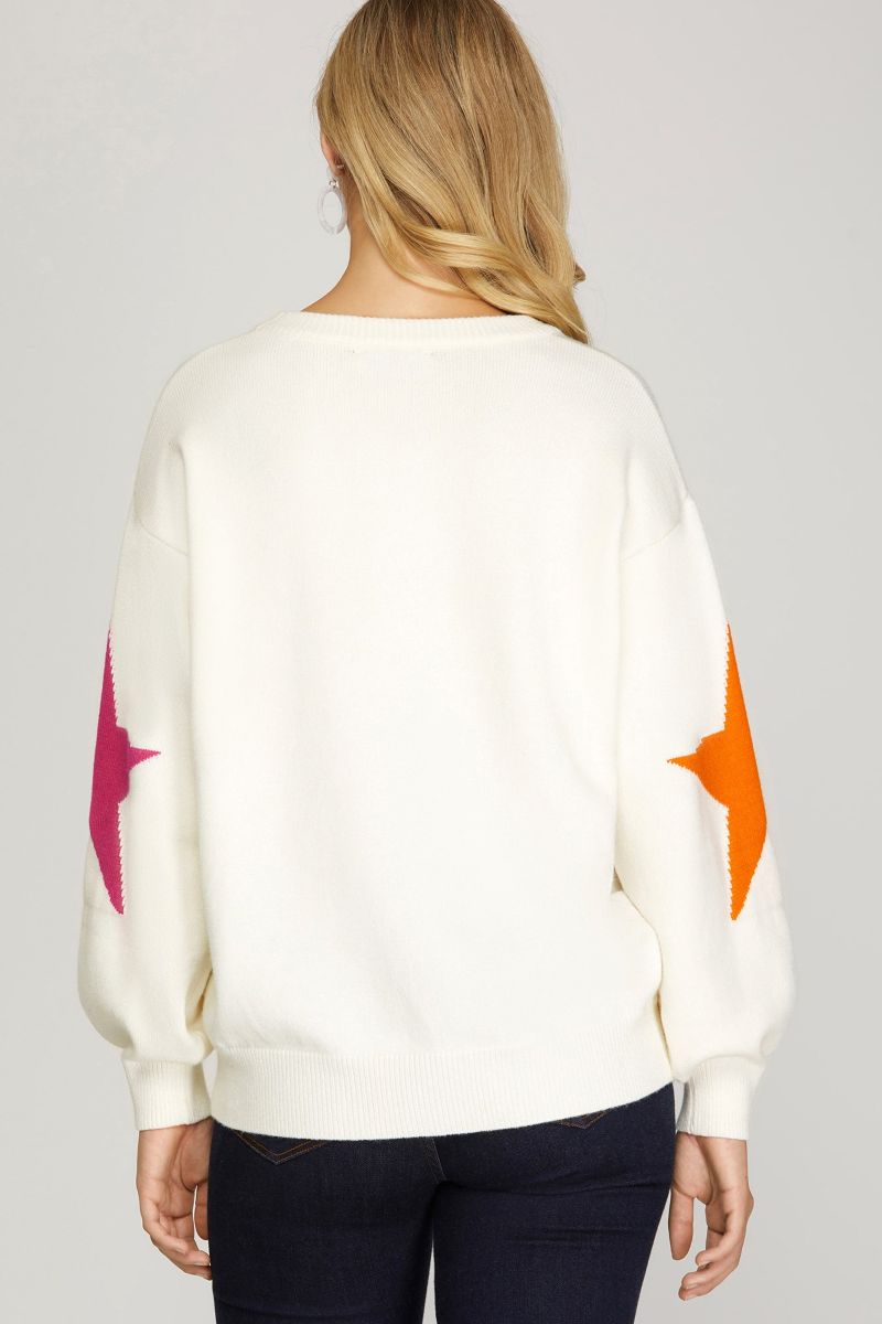 OFF WHITE STAR PATTERNED LONG SLEEVES SWEATER TOP SKSY4479