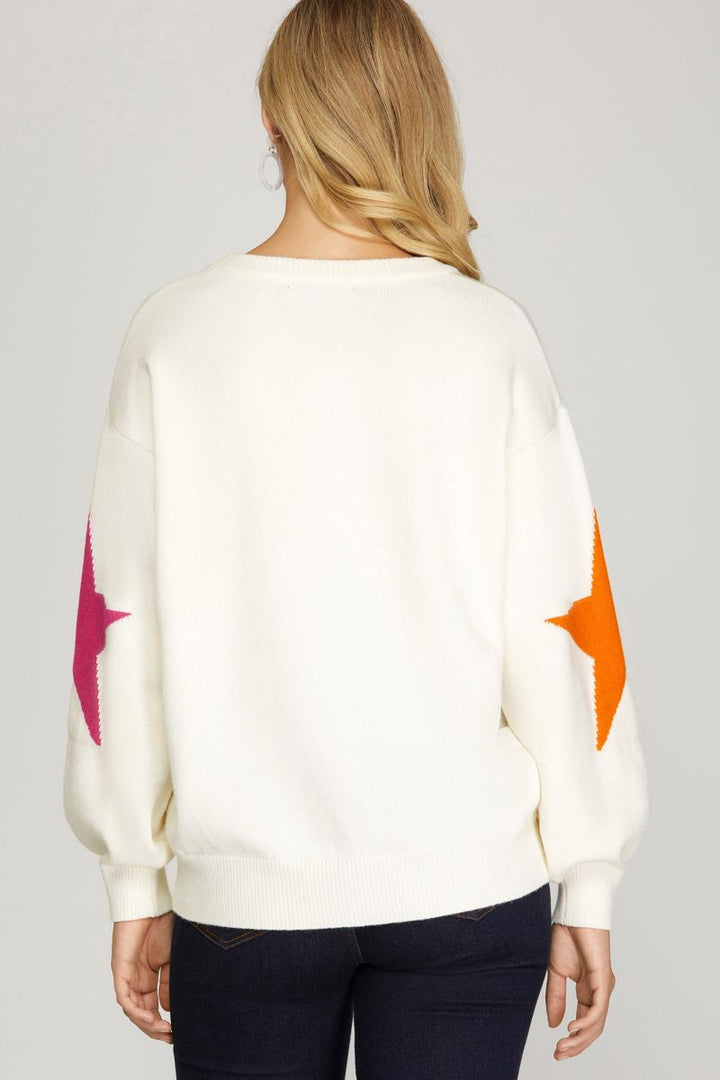 OFF WHITE STAR PATTERNED LONG SLEEVES SWEATER TOP SKSY4479