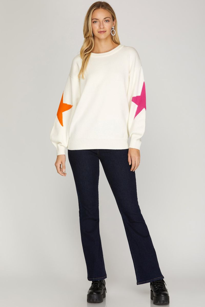 OFF WHITE STAR PATTERNED LONG SLEEVES SWEATER TOP SKSY4479
