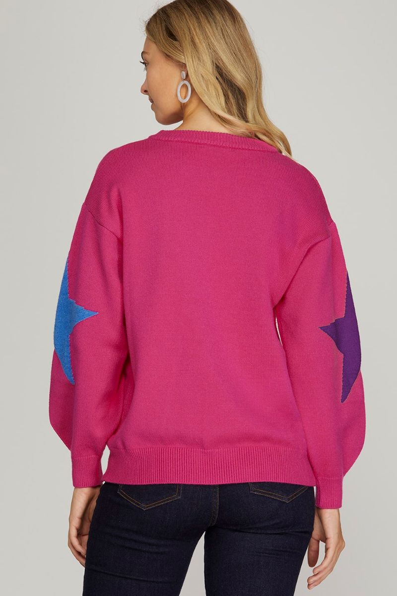 HOT PINK STAR PATTERNED LONG SLEEVES SWEATER TOP SKSY4479