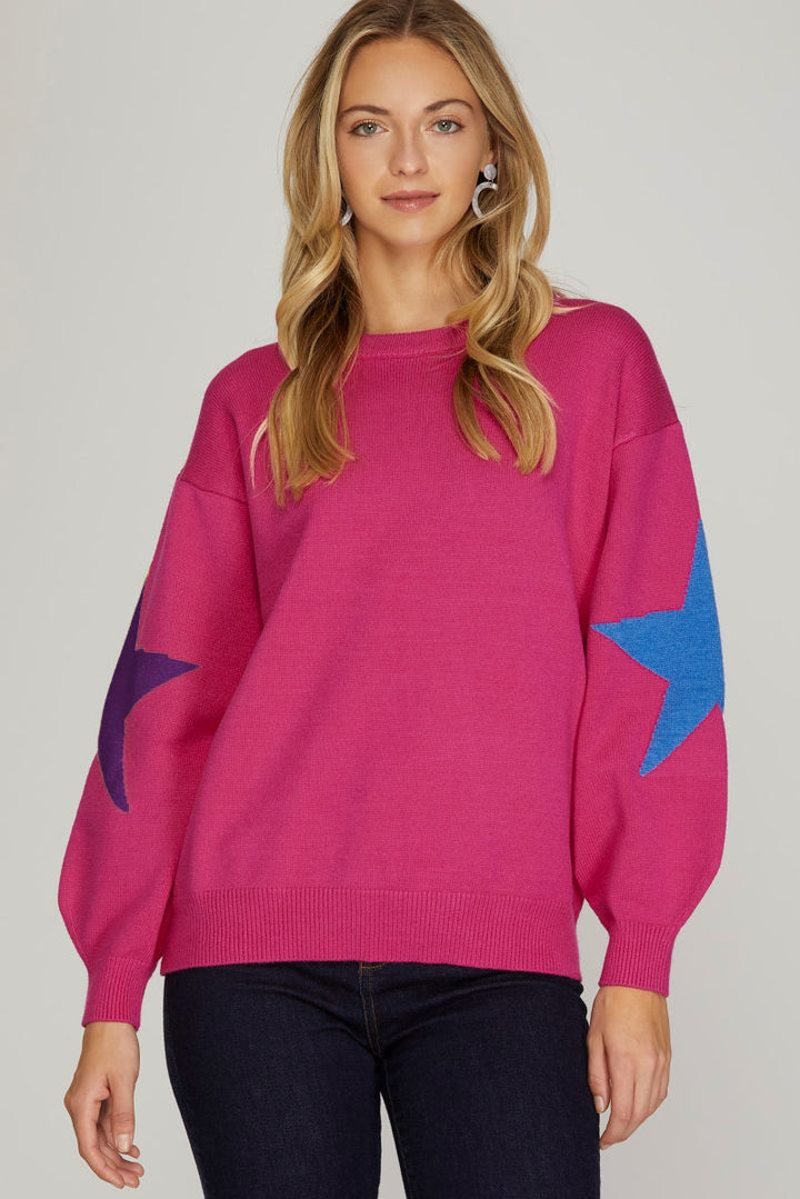 HOT PINK STAR PATTERNED LONG SLEEVES SWEATER TOP SKSY4479