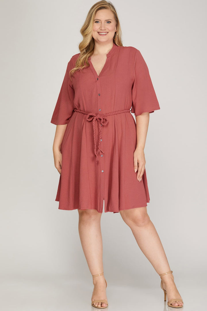 PLUS - HALF BELL SLEEVE BUTTON DOWN WOVEN DRESS