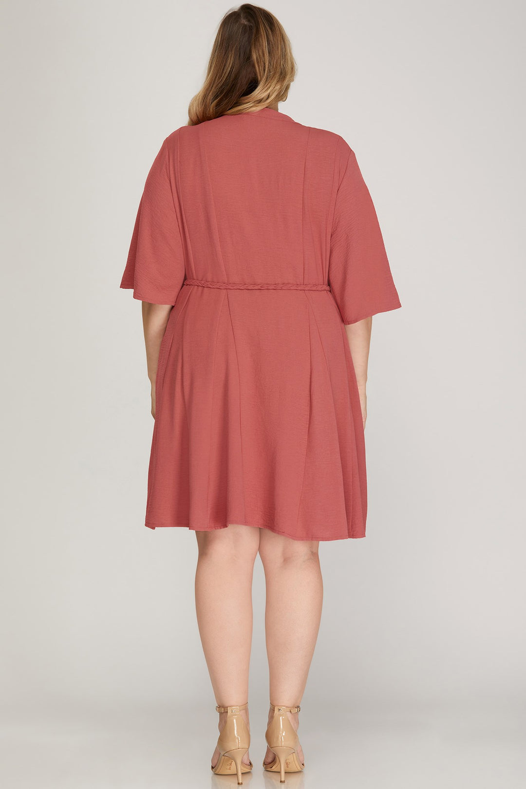 PLUS - HALF BELL SLEEVE BUTTON DOWN WOVEN DRESS