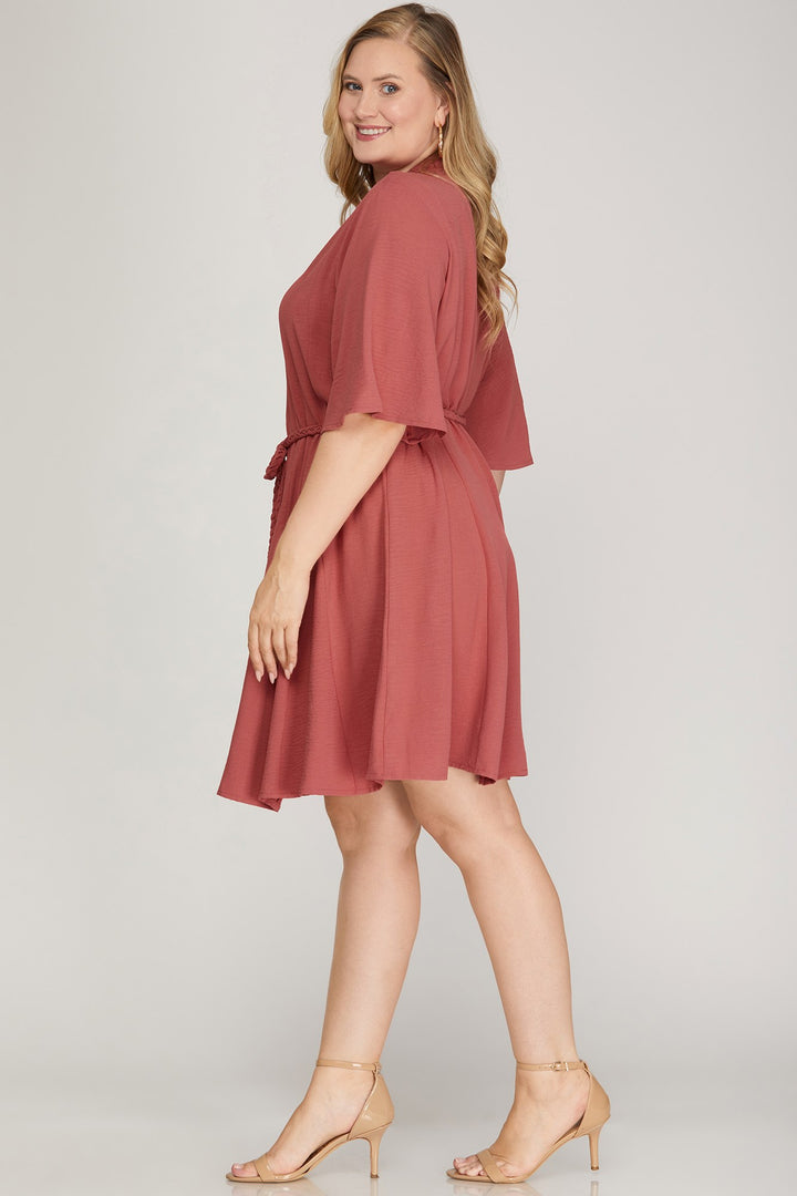 PLUS - HALF BELL SLEEVE BUTTON DOWN WOVEN DRESS