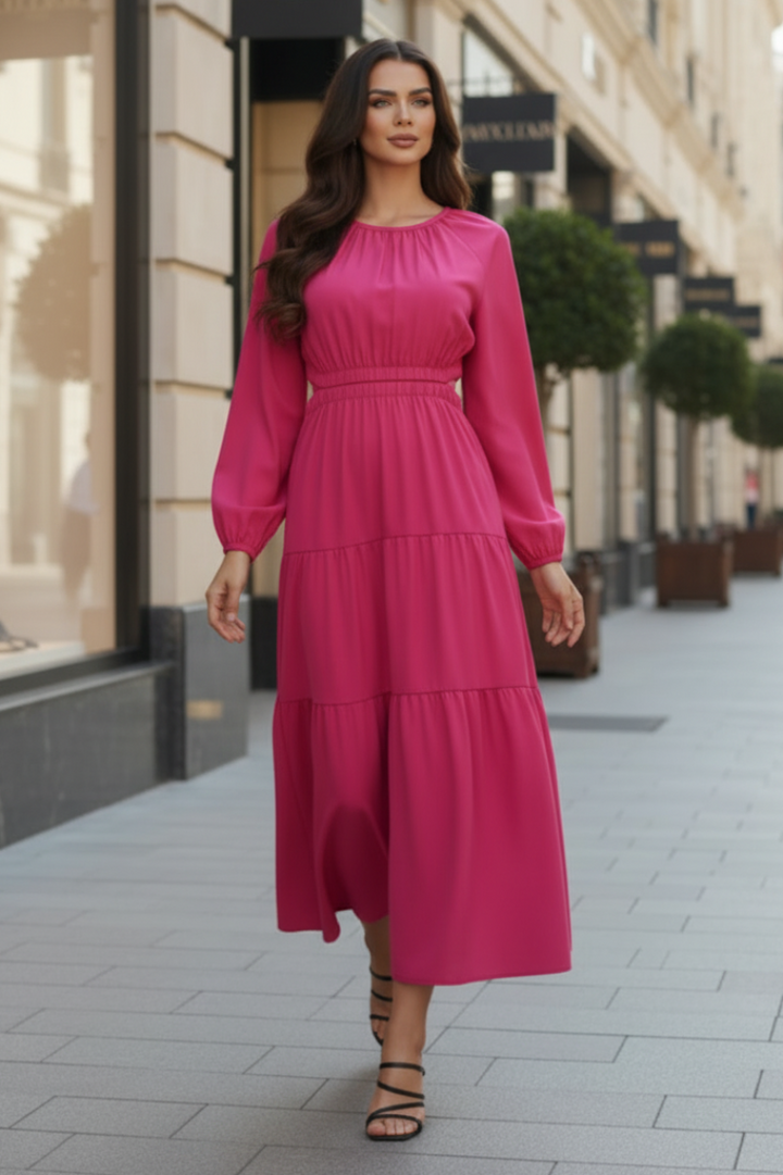 LONG SLEEVE WOVEN TIERED MAXI DRESS  SKSY4836*